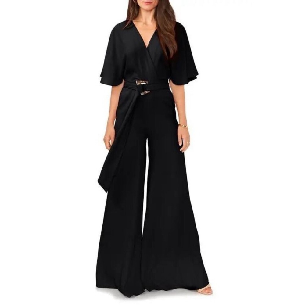 NWT Vince Camuto Black Wide Leg Jumpsuit Plunge V Neck Minimalist Elegant S - Picture 3 of 10